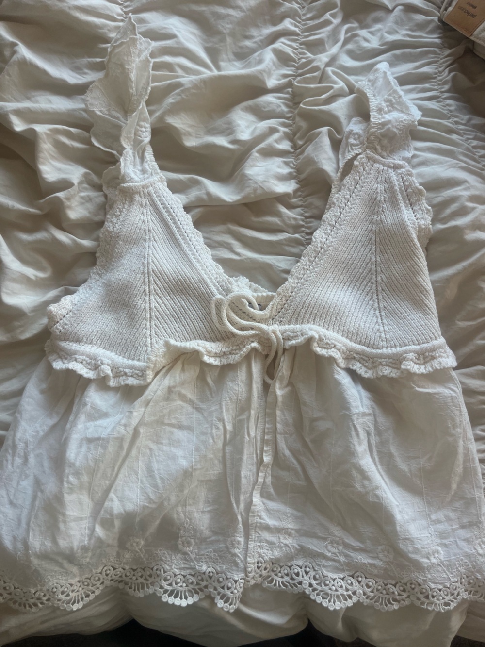 Zara White Crochet Knit & Cotton Bandeau Tank with Tie Front